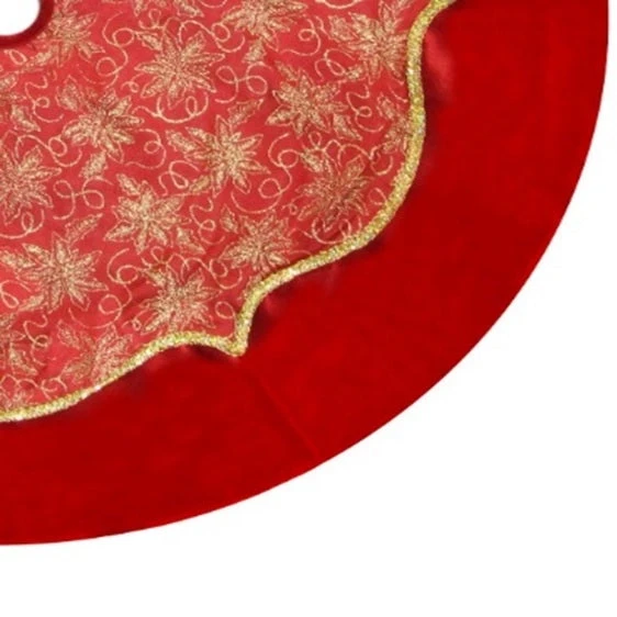 48" Red And Gold Luxe Embroidered Organza Christmas Tree Skirt 4 48" Red And Gold Luxe Embroidered Organza Christmas Tree Skirt - Image 2