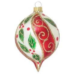 Set Of 4 Chiffon Red Stripe, Green Holly Leaves And Gold Glitter Glass Christmas Ornaments -Deals AMS Store 497768a2268678a88b9a8af15d3df63e