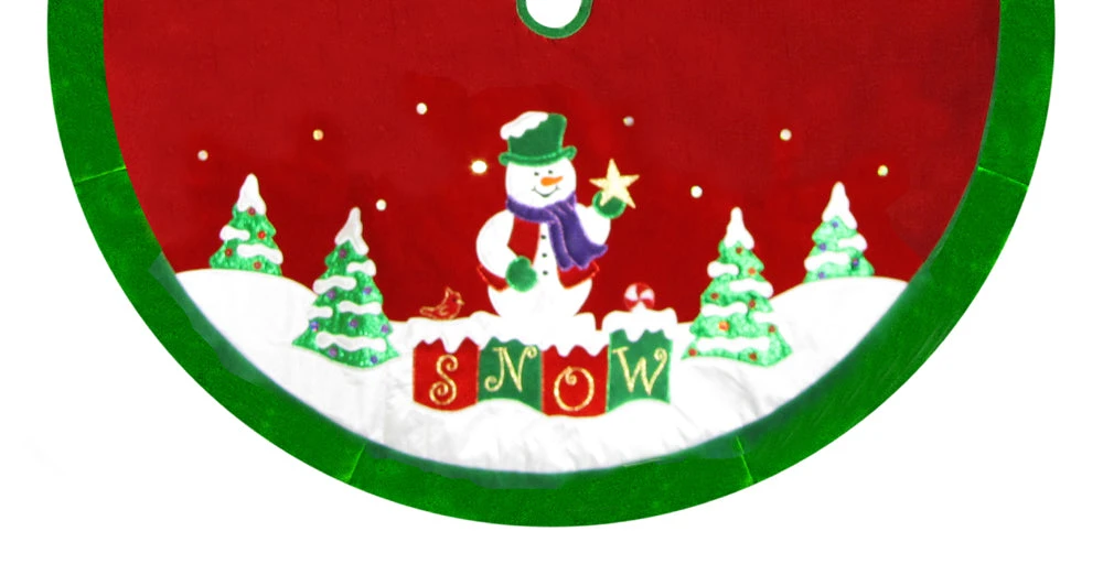 48" Red Velvet Metallic Embroidered Snowman Christmas Tree Skirt With Green Border 4 48" Red Velvet Metallic Embroidered Snowman Christmas Tree Skirt With Green Border - Image 2