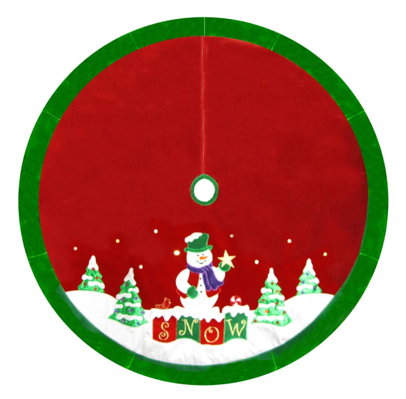 48" Red Velvet Metallic Embroidered Snowman Christmas Tree Skirt With Green Border 3 48" Red Velvet Metallic Embroidered Snowman Christmas Tree Skirt With Green Border