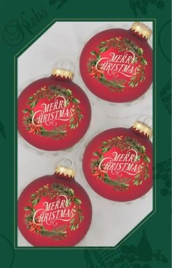 Set Of 4 Red Velvet Merry Christmas Wreath Glass Ornaments
