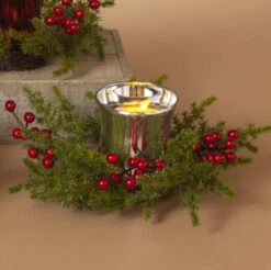 10" Rustic Faux Pine And Berry Christmas Decorative Floral Candle Ring With Metallic Silver Glass Votive Candle Holder -Deals AMS Store 997174 4